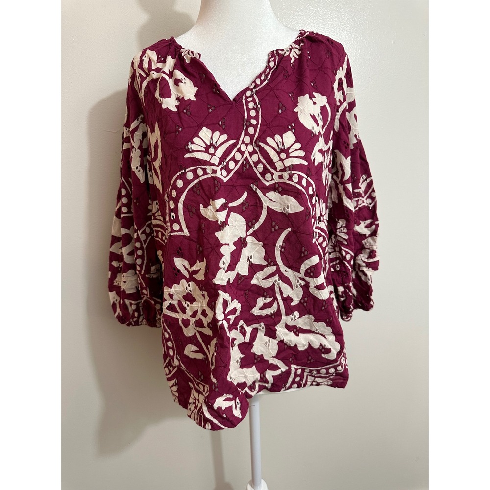 FatFace Plum Purple White Floral Eyelet Cotton V-Neck Balloon Sleeve Blouse 6
